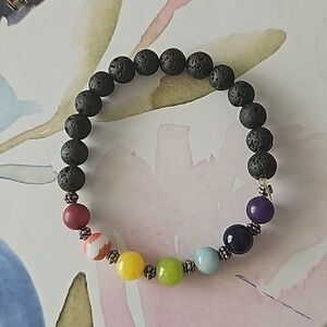 Black lava stones with colorful beads stretch bracelet